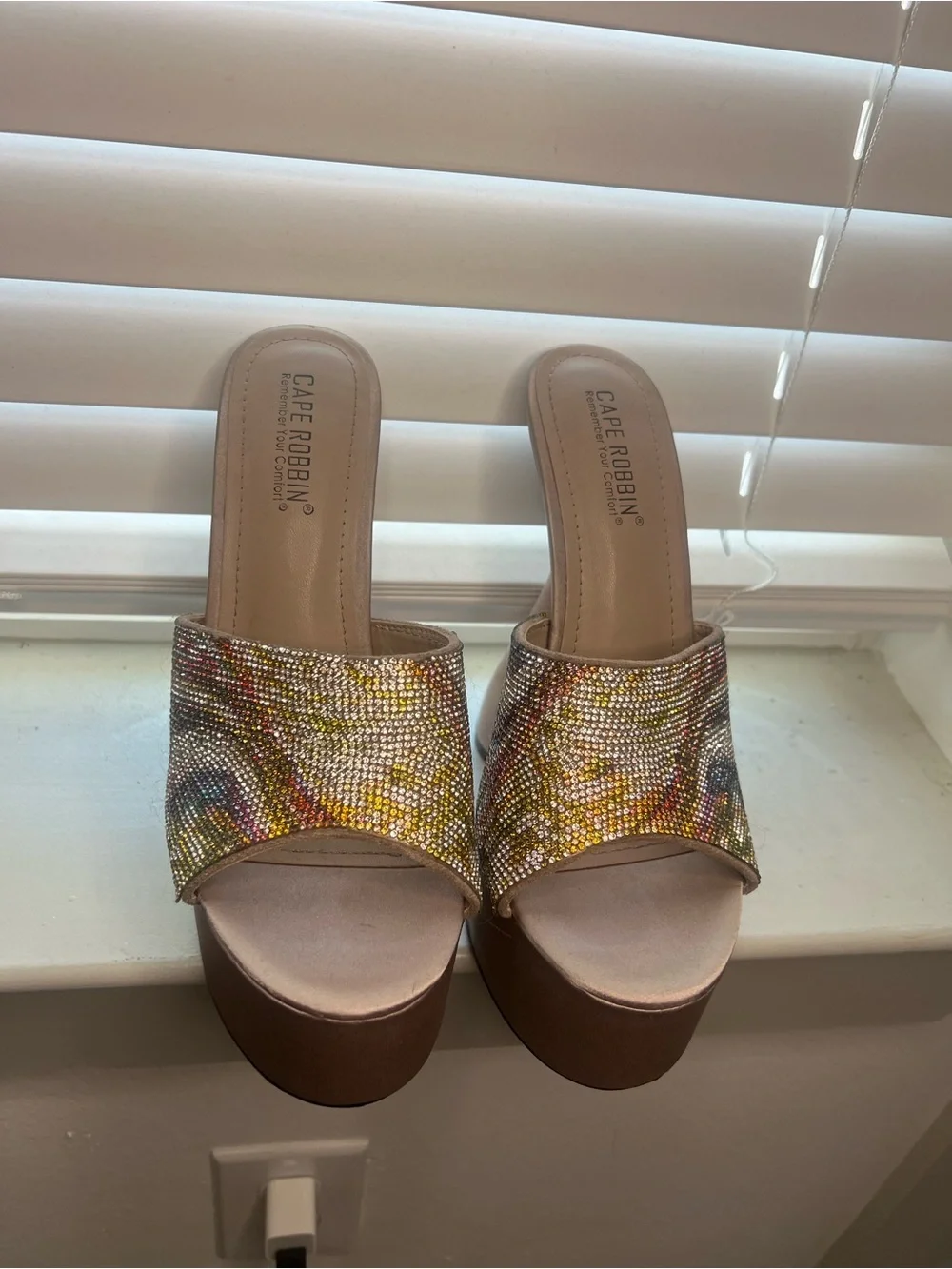 Cape Robbin Nude Platform Mule with Multicolor Crystal Strap